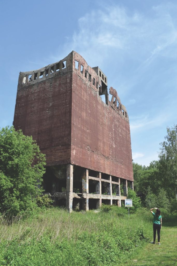The ruins of a synthetic gasoline factory tower over a Nazi-era hydrogenation plant near Szczecin. (Jeremy Gray)