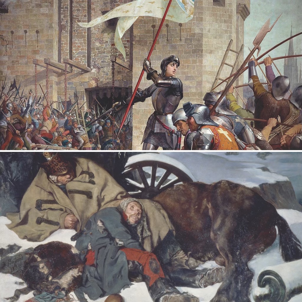 From top: Attrition, fatigue, and shifting allegiances shaped the outcome of the Hundred Years’ War between England and France, which slogged on from 1337 to 1453; Napoleon Bonaparte’s two-hour delay in attacking the Russian army at Borodino in 1812 contributed to his cataclysmic defeat at the hands of “General Winter.” (Pantheon De Paris; Musée Des Beaux-Arts, Rouen/ Bridgeman Images)