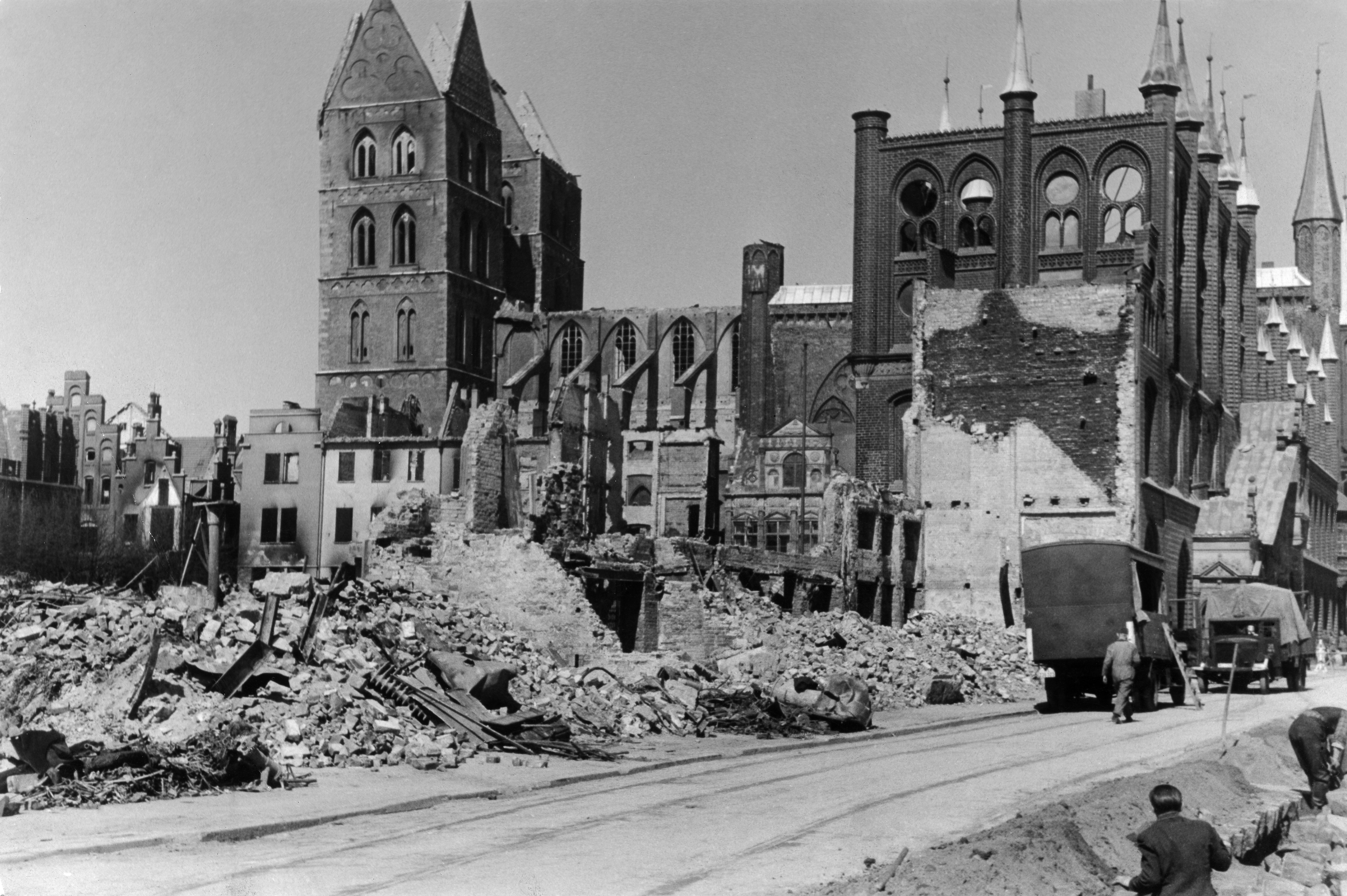 The ruins of St. Mary's Church and the town hall of Lübeck, Germany after the RAF raid on March 28-29, 1942.(Ullstein Bild/Getty Images)