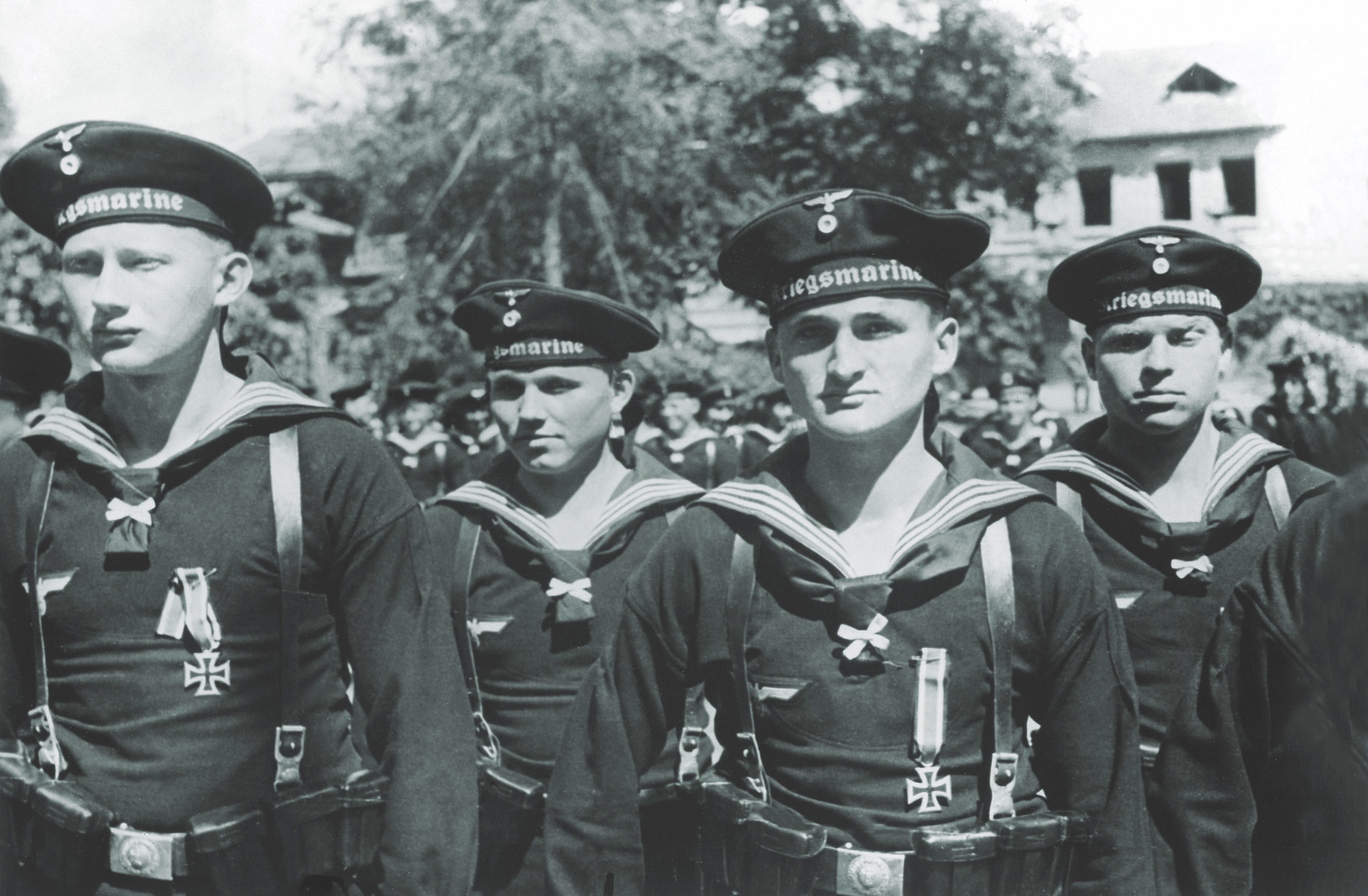 Members of a Kriegsmarine assault detachment stand at attention after the Wehrmacht’s invasion and occupation of the Channel Islands in 1940. (Ullstein Bild DTL/Getty Images) 