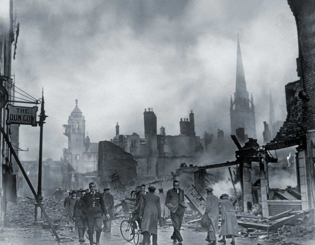 The city of Coventry smolders after a November 1940 bombing. It was a terrible clue that Jones still needed more information. It was soon to come his way. (Fox Photos/Getty Images)