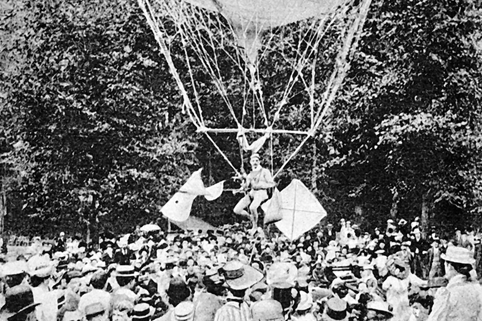 The Sky-Cycle is demonstrated to a crowd at Saratoga, N.Y., in 1891. (Mary Evans Picture Library)