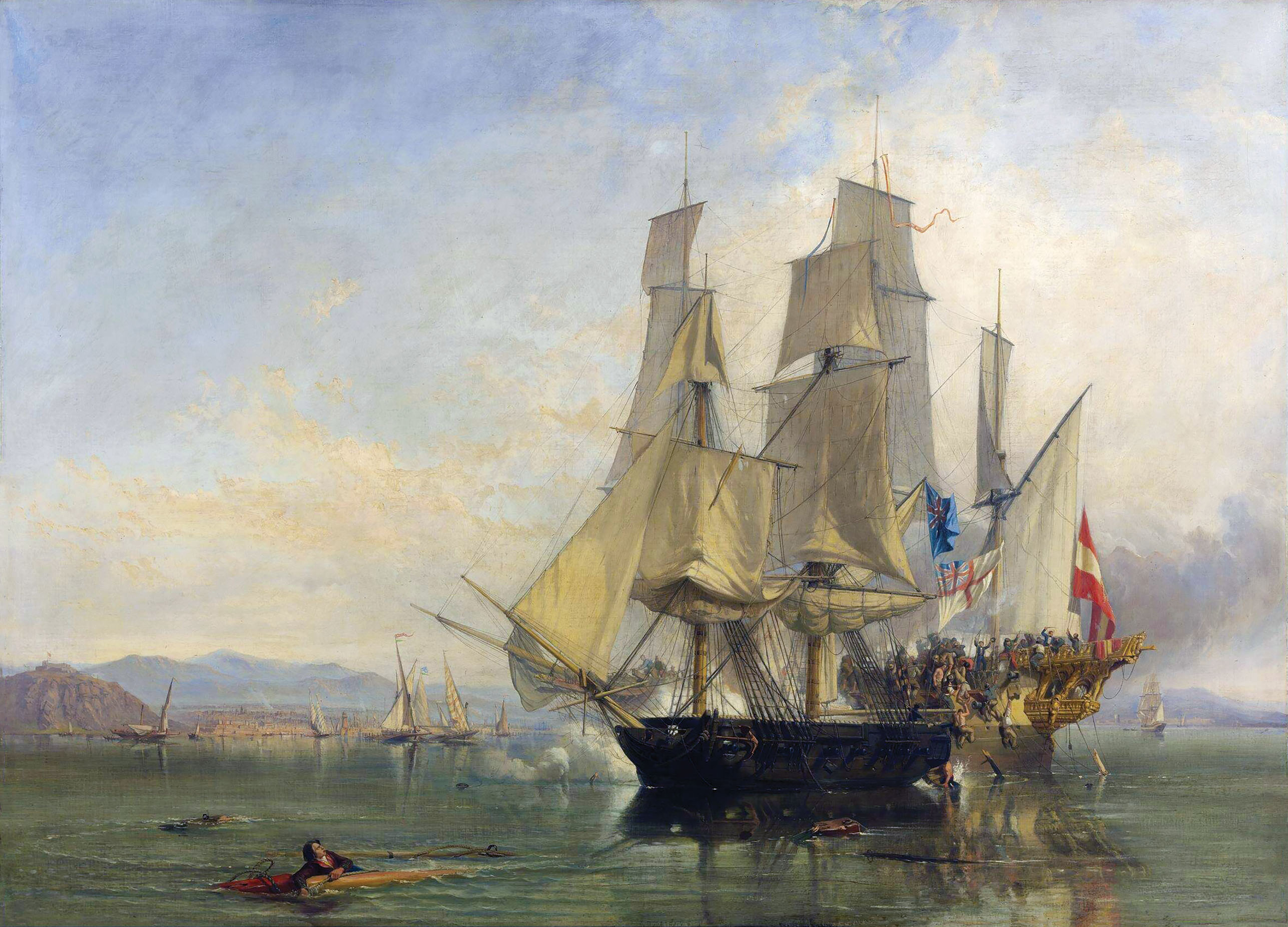 The 1801 capture of the Spanish frigate El Gamo by Cochrane’s HMS Speedy—depicted here in an 1845 oil by British maritime painter Clarkson Stanfield—was among the Sea Wolf’s celebrated victories. / Victoria and Albert Museum, London