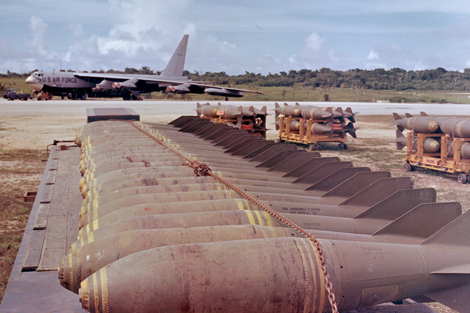 750-pound bombs await loading on B-52s in preparation for an airstrike on North Vietnam. (U.S. Air Force)