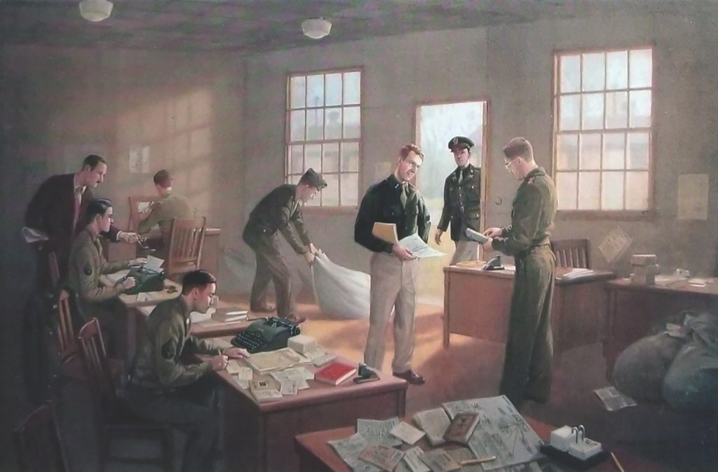 In a National Park Service painting, soldiers at the installation known as “P.O. Box 1142” pore through captured German documents; Fairbrook is depicted at the typewriter at far left. (Painting by Mark Churms/National Park Service)