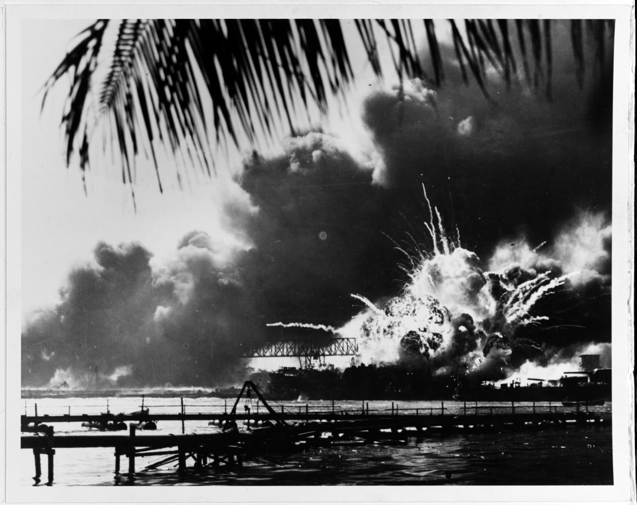 The forward magazine of USS Shaw explodes during the second Japanese attack wave. (Naval History and Heritage Command)