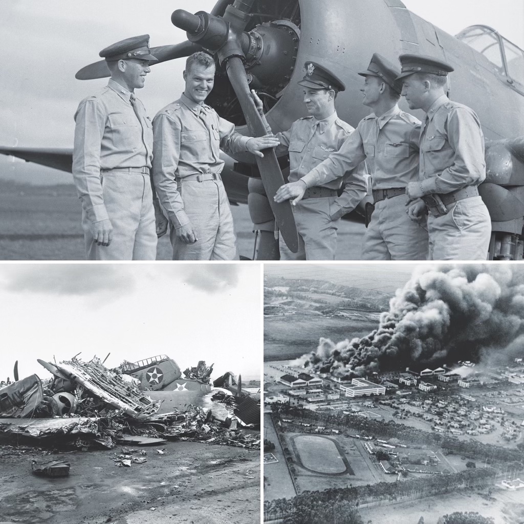 Clockwise from top: Rasmussen (hatless) and four of his fellow officers pose in front of a P-36; Wheeler Field in flames, as seen from a Japanese navy plane; the wreckage of a U.S. plane lies in a heap at Wheeler Army Airfield. (Top; Bettmann/Getty Images; Bottom; Naval History and Heritage Command (2)) 