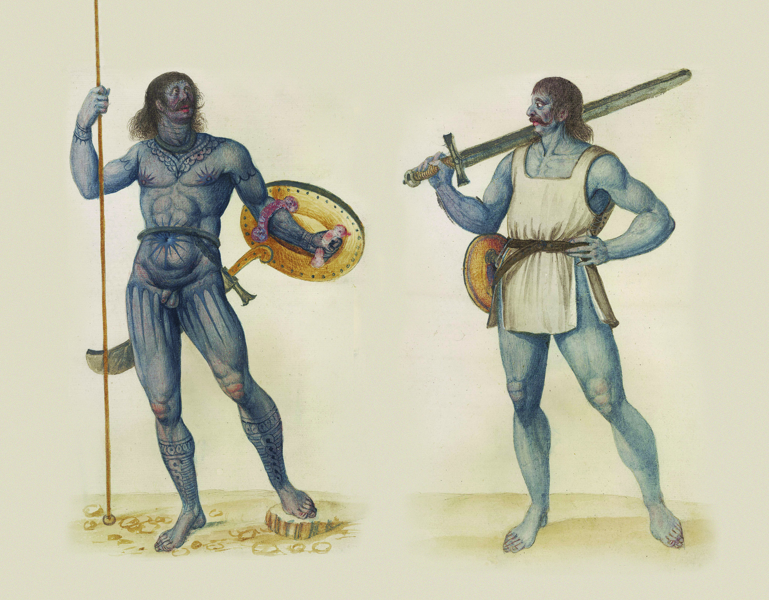 As with many later depictions of Pictish warriors, these 16th century images portray the fighters as being painted blue—likely an exaggeration of the Picts’ affinity for body tattoos. / British Museum