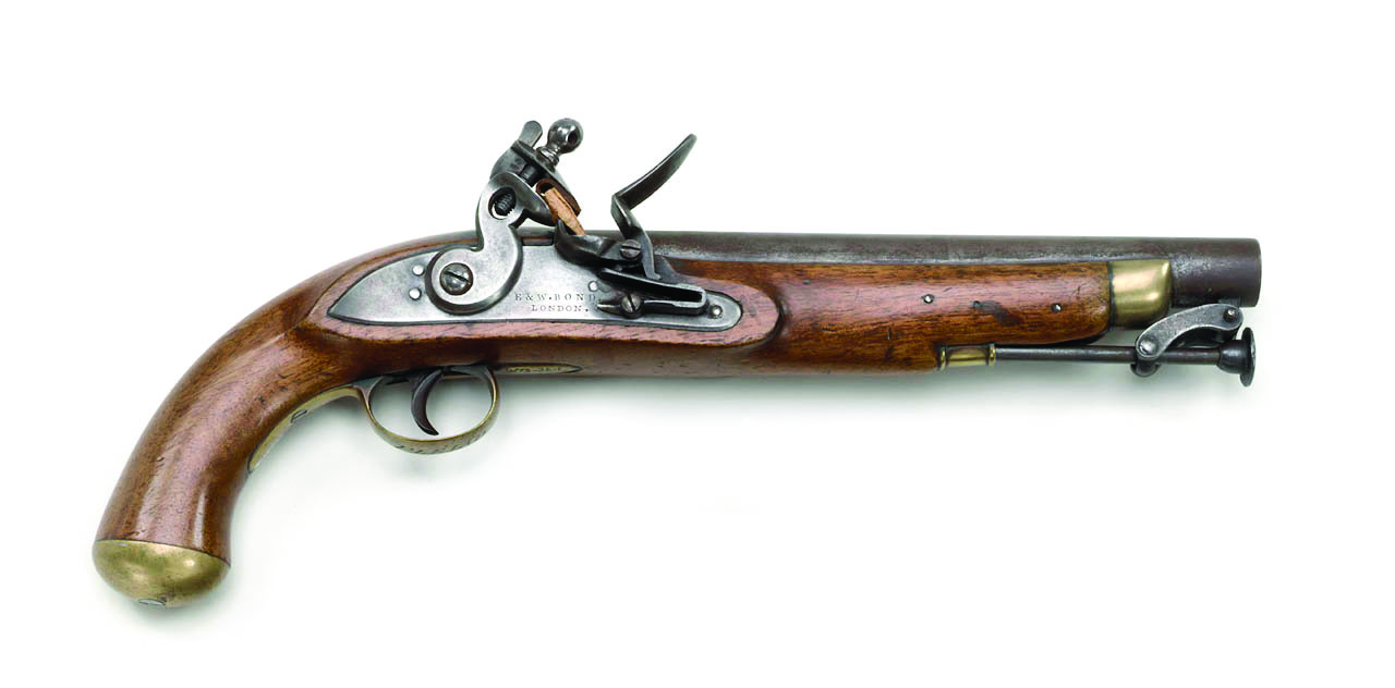 Unlike many naval officers of his time, Cochrane did not shrink from leading his men when they boarded enemy ships. When joining the fight, Cochrane carried his sword and likely a brace of flintlock pistols—like this circa 1830 .75-caliber example from a popular London gunmaker. / National Maritime Museum, Greenwich