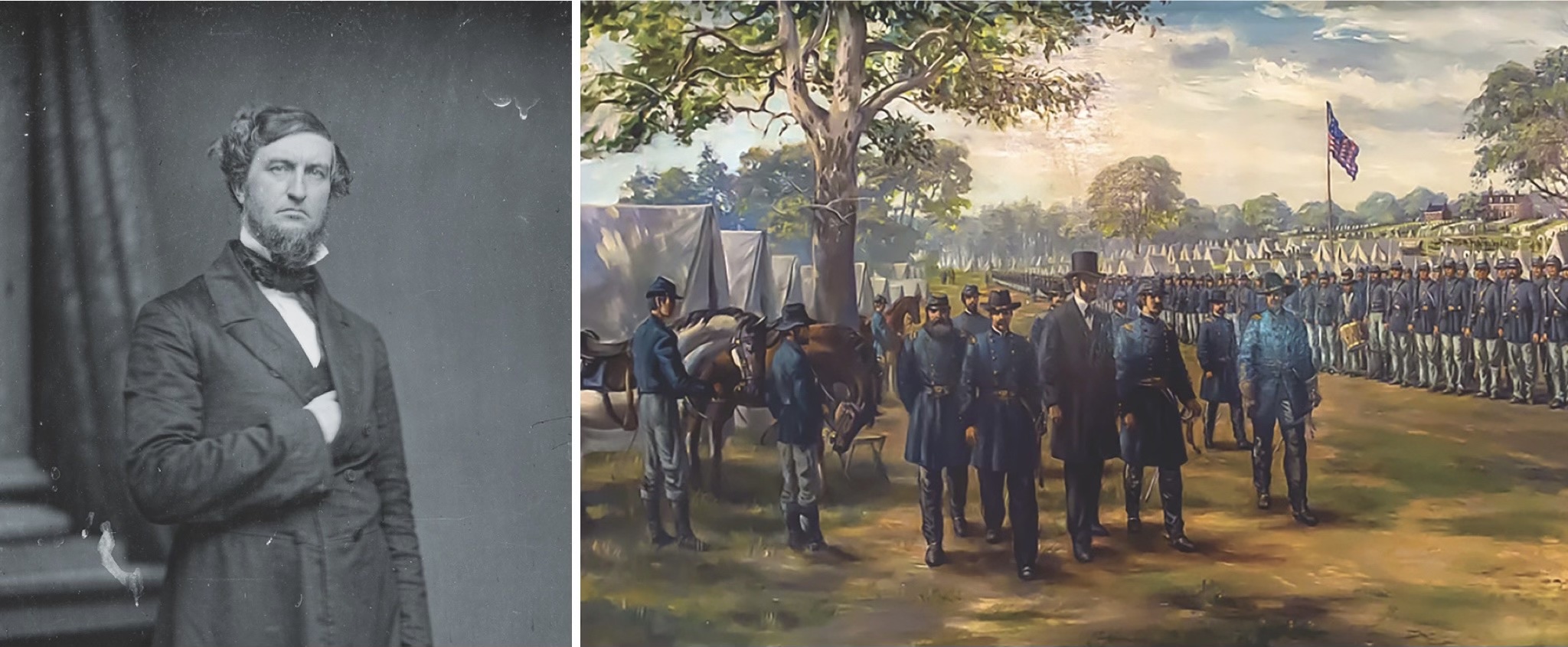 The painting above shows President Lincoln reviewing the troops at Harrison’s Landing. Zachariah Chandler, left, Republican senator from Michigan, loathed McClellan. The general was a Democrat, and had few friends across the aisle. (Library of Congress; Courtesy of the Berkeley Plantation)