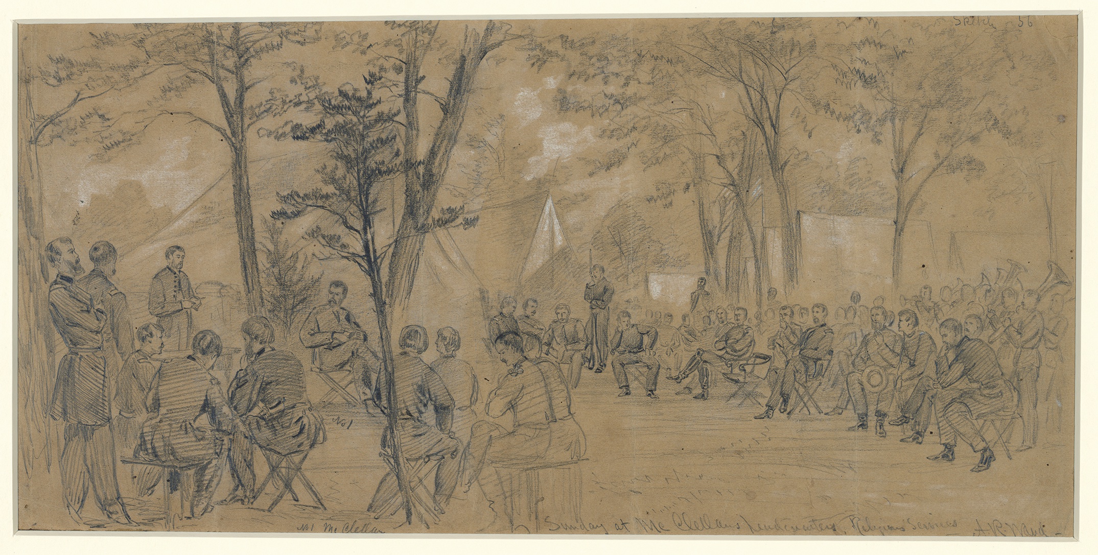 Alfred Waud sketched this Sunday morning service at McClellan’s headquarters at Harrison’s Landing. (Library of Congress)