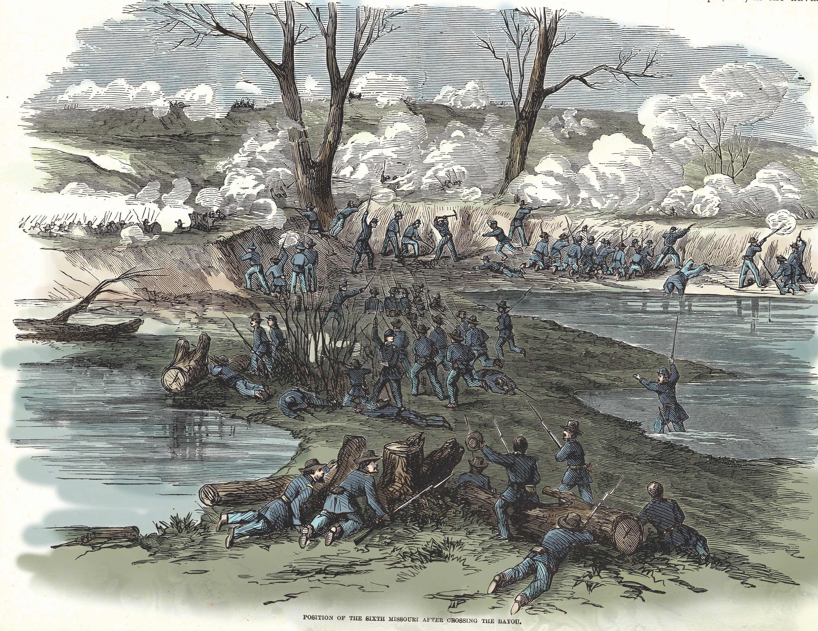 Troops of the 6th Missouri of Colonel Giles Smith’s brigade wade through water and muck as they go up against the 52nd Georgia at the left end of the Confederate line. (©Don Troiani/Bridgeman Images)