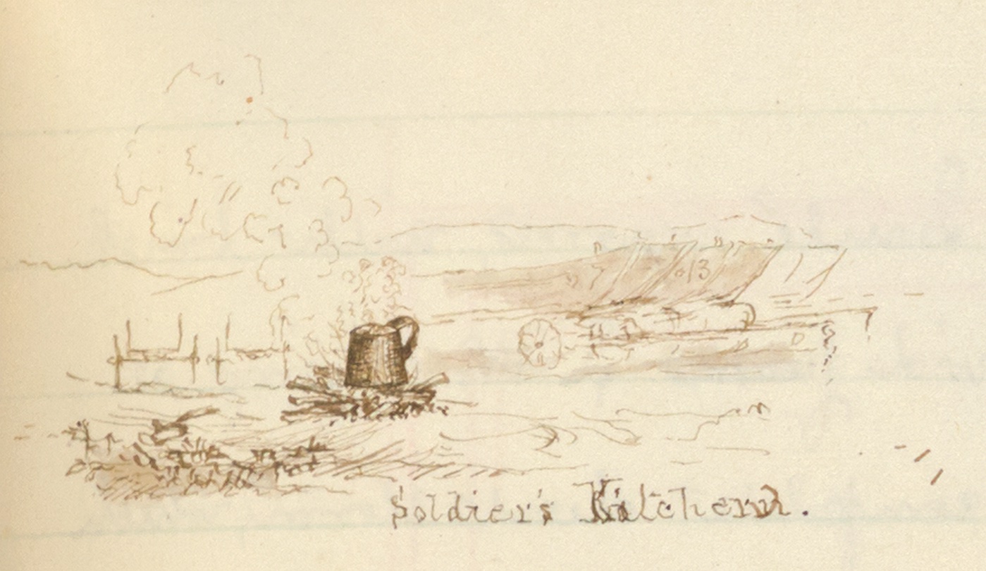 This illustration, which Thompson called “Soldier’s Kitchen,” shows a small campfire and kettle in the foreground and the boats of the engineers’ pontoon train in the background. While this illustration appears in the margin of Thompson’s May 25, 1863, entry, he had described the pontoon train earlier in his journal while his unit was still training in the Massachusetts capital. The spider he mentioned in the entry below was a frying pan, possibly mounted on a tripod, that he would have used in a setting very much like the one depicted here. (Library of Congress)