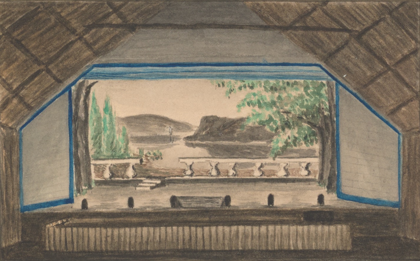 “Interior of the Essayons Theater.” This watercolor depicts the interior of the Essayons Theater that members of the U.S. Engineer Battalion built for their own recreation while in winter quarters in early 1864. Thompson painted the West Point inspired landscape backdrop, and was pleased that it was “standing out finely.” (Library of Congress)