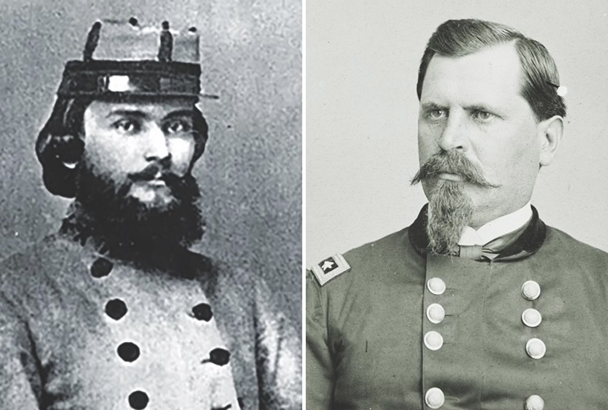 Colonel William Oates of the 15th Alabama (left) and Union Brig. Gen. William Hazen. Oates was among the Confederates wounded during the engagement. (Alabama Department of Archives and History; Library of Congress)