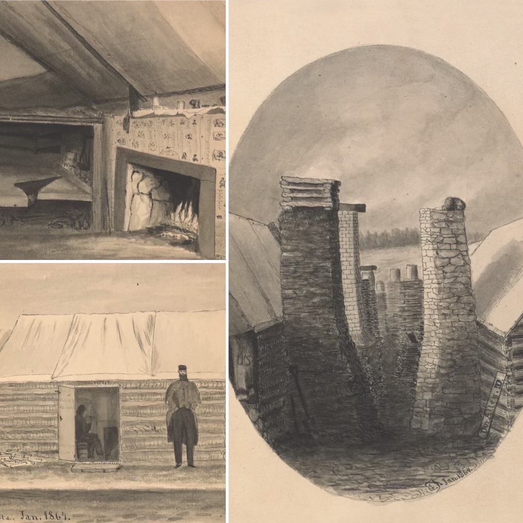 Together these three images provide insight into the time soldiers spent in quarters during the winters. The first, which Thompson labeled “Interior View of Quarters, Winter 1864,” depicts the decorated interior of those same huts, and the second sketch, “Camp at Brandy Sta. Jan. 1864,” shows the exterior of the huts built for shelter at the Army of the Potomac’s massive 1863-64 winter camp. The last sketch, “Our Alley 1864,” depicts the outside of the same huts, showing their chimneys. The “Our” in the title refers to the Engineer Battalion’s Company D, in which Corporal Thompson served. (Library of Congress)