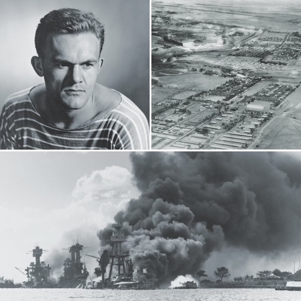 Clockwise from top left: Jones as he appeared on the jacket of From Here to Eternity; Schofield Barracks, as seen from the air in 1925; a view of Battleship Row after the Japanese attack on Pearl Harbor on December 7, 1941. (Bettmann/Getty Images; Library of Congress; U.S. Navy/Naval History and Heritage Command)