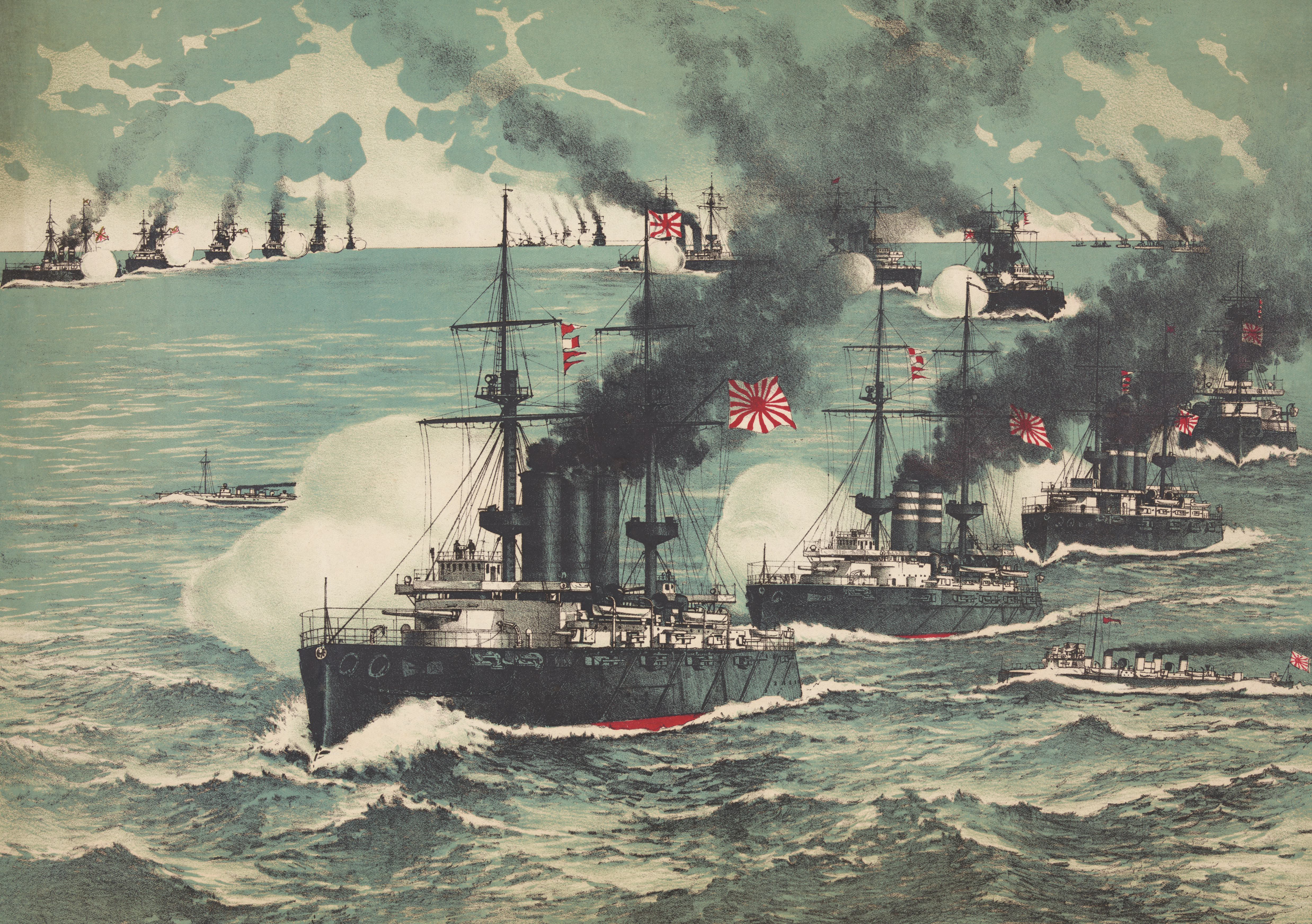 Having “crossed the T,” the ships of Adm. Heihachiro Togo’s Japanese fleet fire on those of the Russian Second Pacific Squadron at Tsushima Strait in this contemporary depiction. / Library of Congress