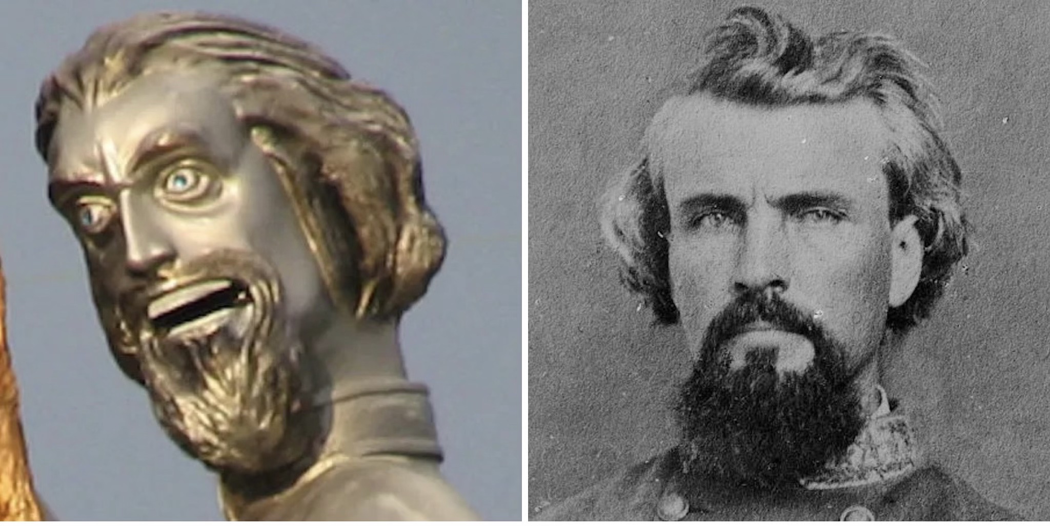 The bust of the Nathan Bedford Forrest statue (L); Confederate general Nathan Bedford Forrest during the Civil War. (Twitter Screenshot/Library of Congress)
