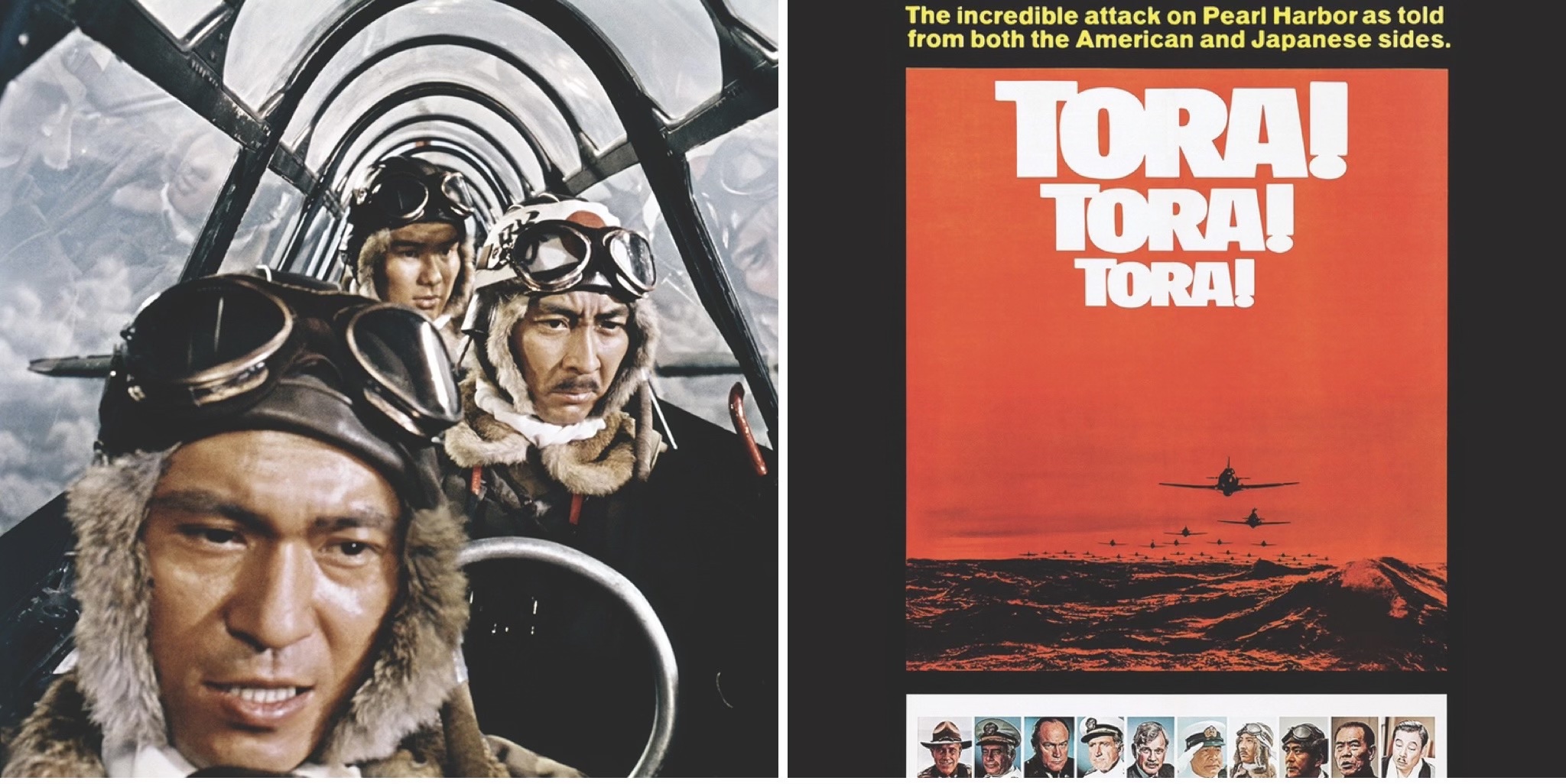 From left: A publicity still for Tora! Tora! Tora! showing three Japanese airmen on their way to Pearl Harbor; the poster for the film’s release in 1970, with 10 actors—five American and five Japanese—pictured along the bottom. (Getty Images)