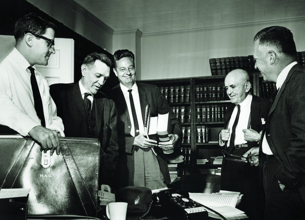 Attorneys for the plaintiffs in the landmark U.S. Supreme Court case Baker v. Carr (from left) Hobart Atkins, Harris Gilbert, Z.T. Osborn Jr., Warren Chandler, and C.R. McClain in May 1962. The case, brought by Millington, Tenn., Mayor Charles W. Baker and other organizations against Tennessee Secretary of State Joe C. Carr, had profound implications for state legislature apportionment.