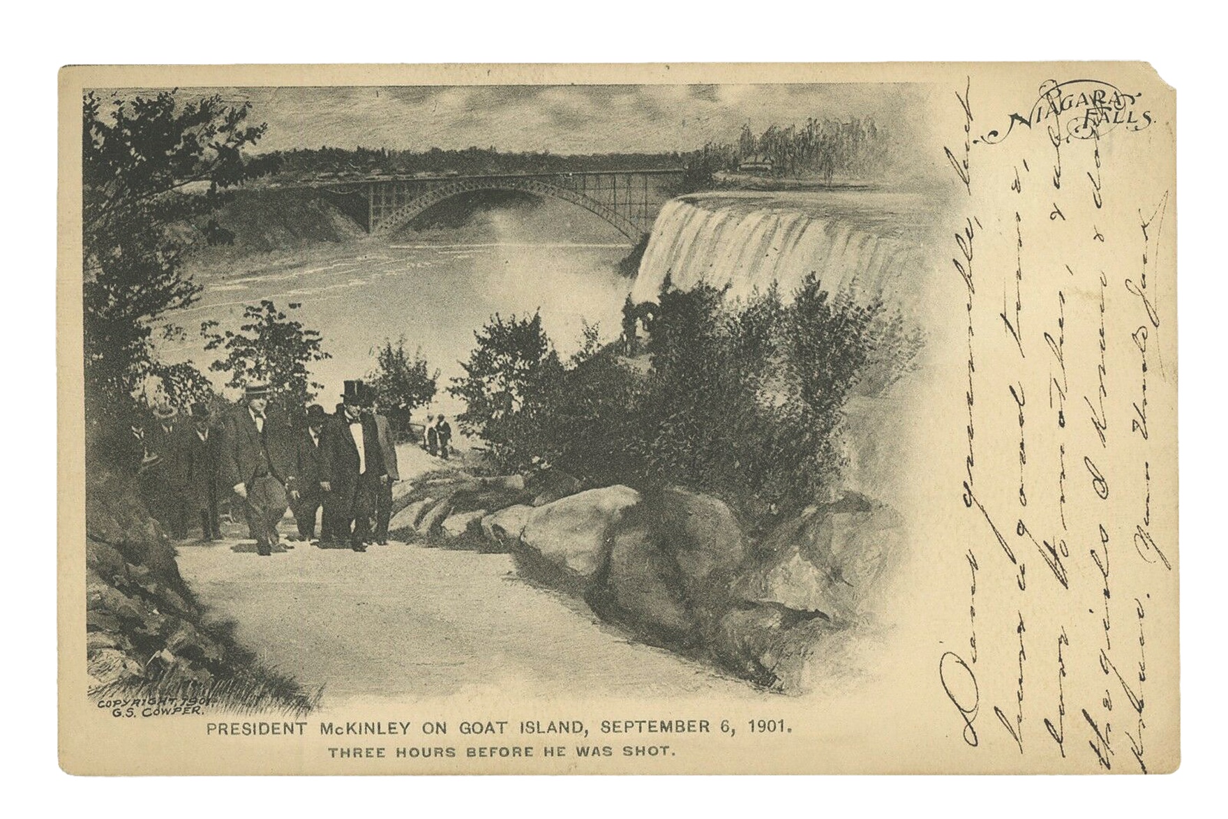 A postcard of the president and cohort on Goat Island with the falls behind them. (Courtesy of Tyler Bagwell)