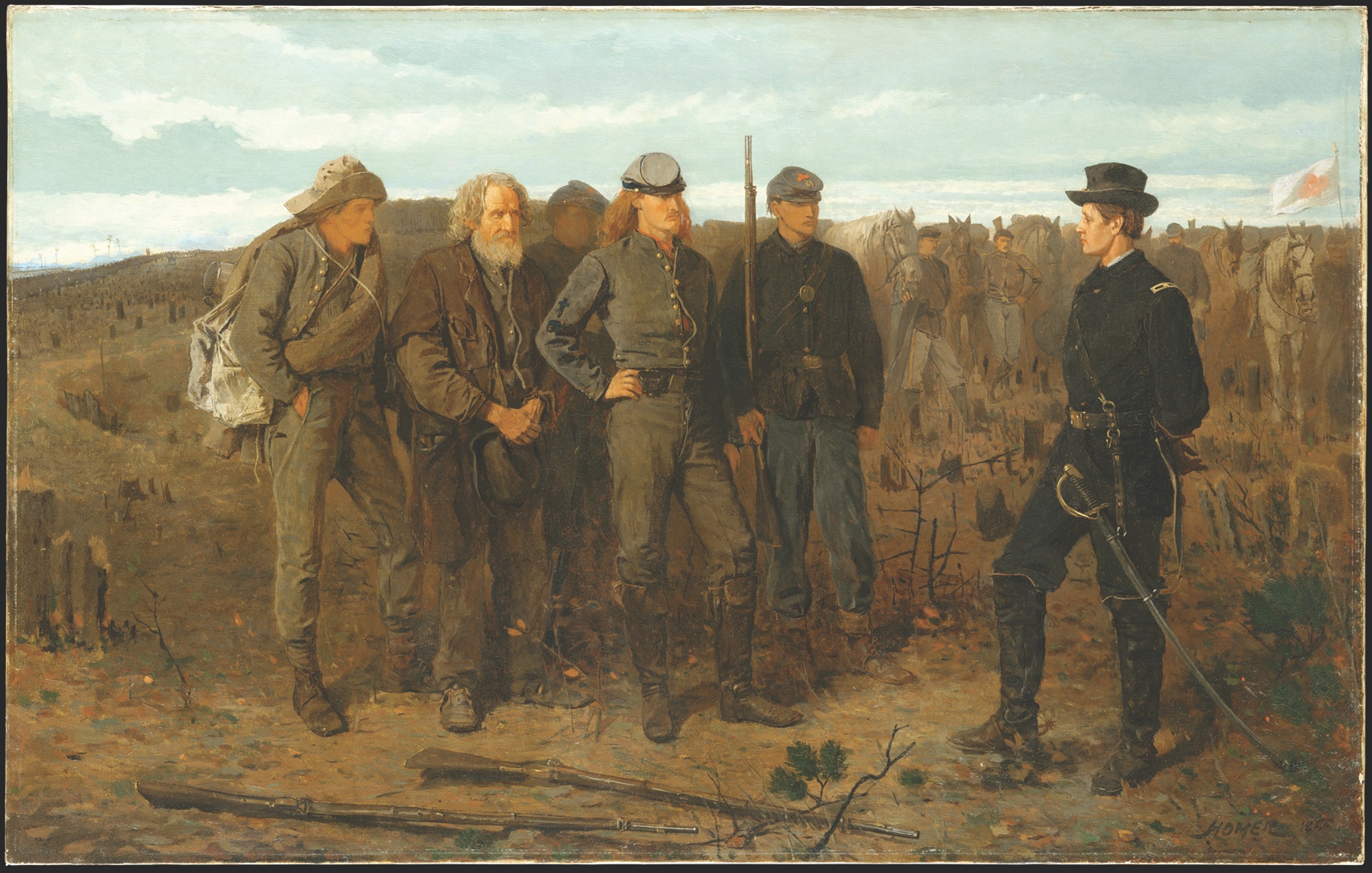 Winslow Homer’s painting, Prisoners From the Front, was completed in 1866. The three Confederate prisoners represented a young yeoman, an aged man pressed into service, and a long-haired firebrand eager for the war. (Metropolitan Museum of Art)