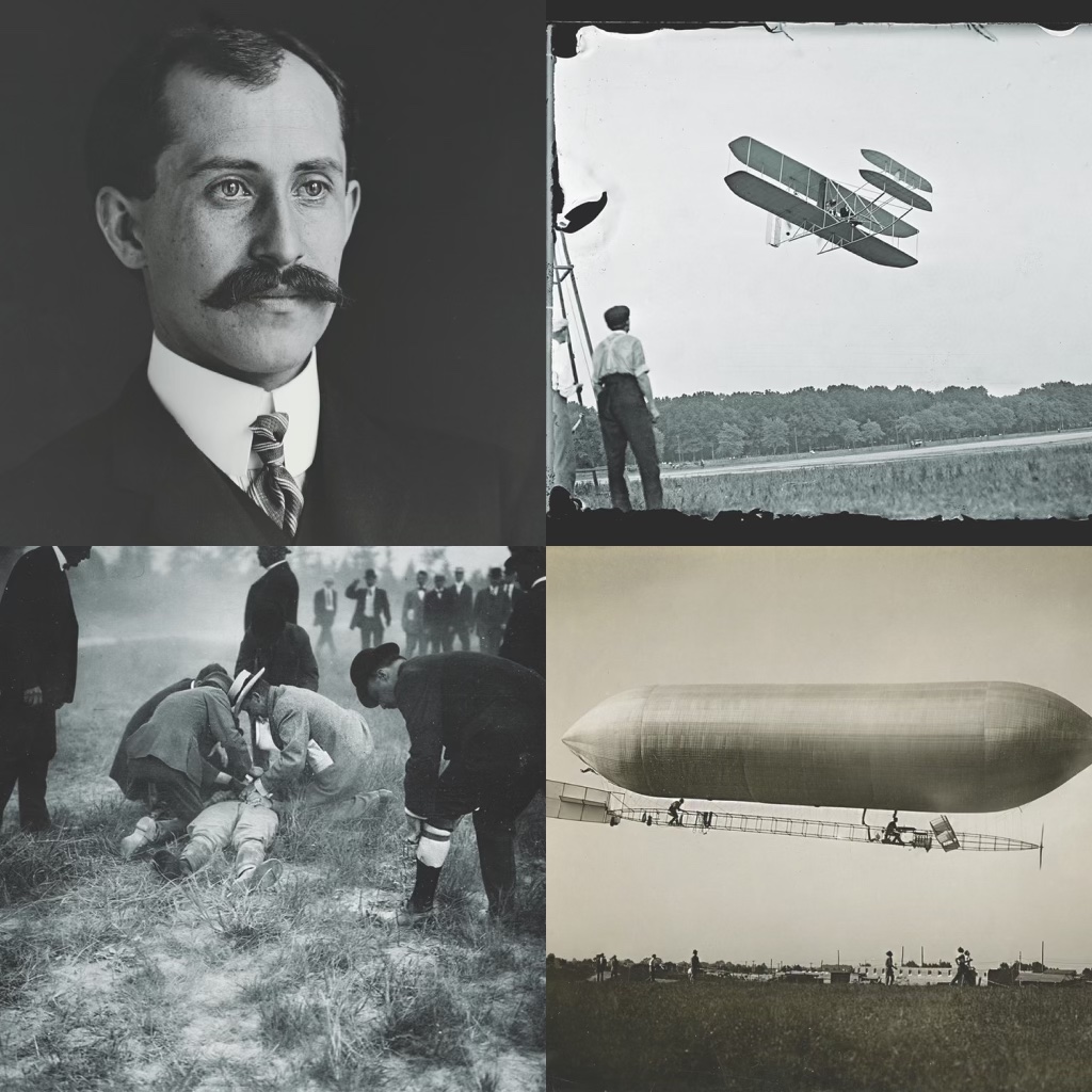 Clockwise from top left: Aviation pioneer Orville Wright; the inaugural flight of the Wright Military Flyer at Fort Myer, Virginia, in 1909; SC-1, the first Signal Corps airship, in 1908; Dr. Leon L. Watters and two other men tend to U.S. Army lieutenant Thomas Selfridge, the first person to die in an airplane crash. (Clockwise from Bottom Left: Library of Congress(3); National Museum of the U.S. Air Force)