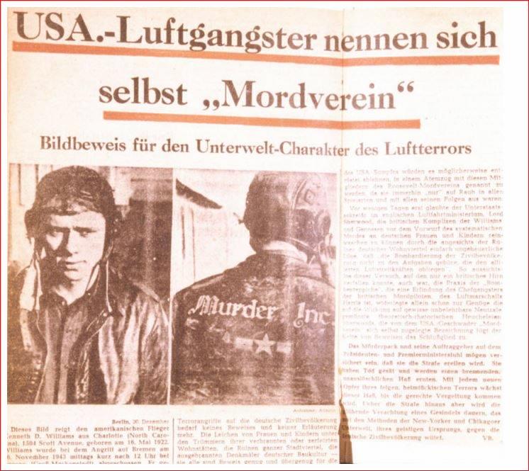 A German newspaper clipping that dubbed Williams an American gangster from Chicago. He was from North Carolina. (American Air Museum in Britain)