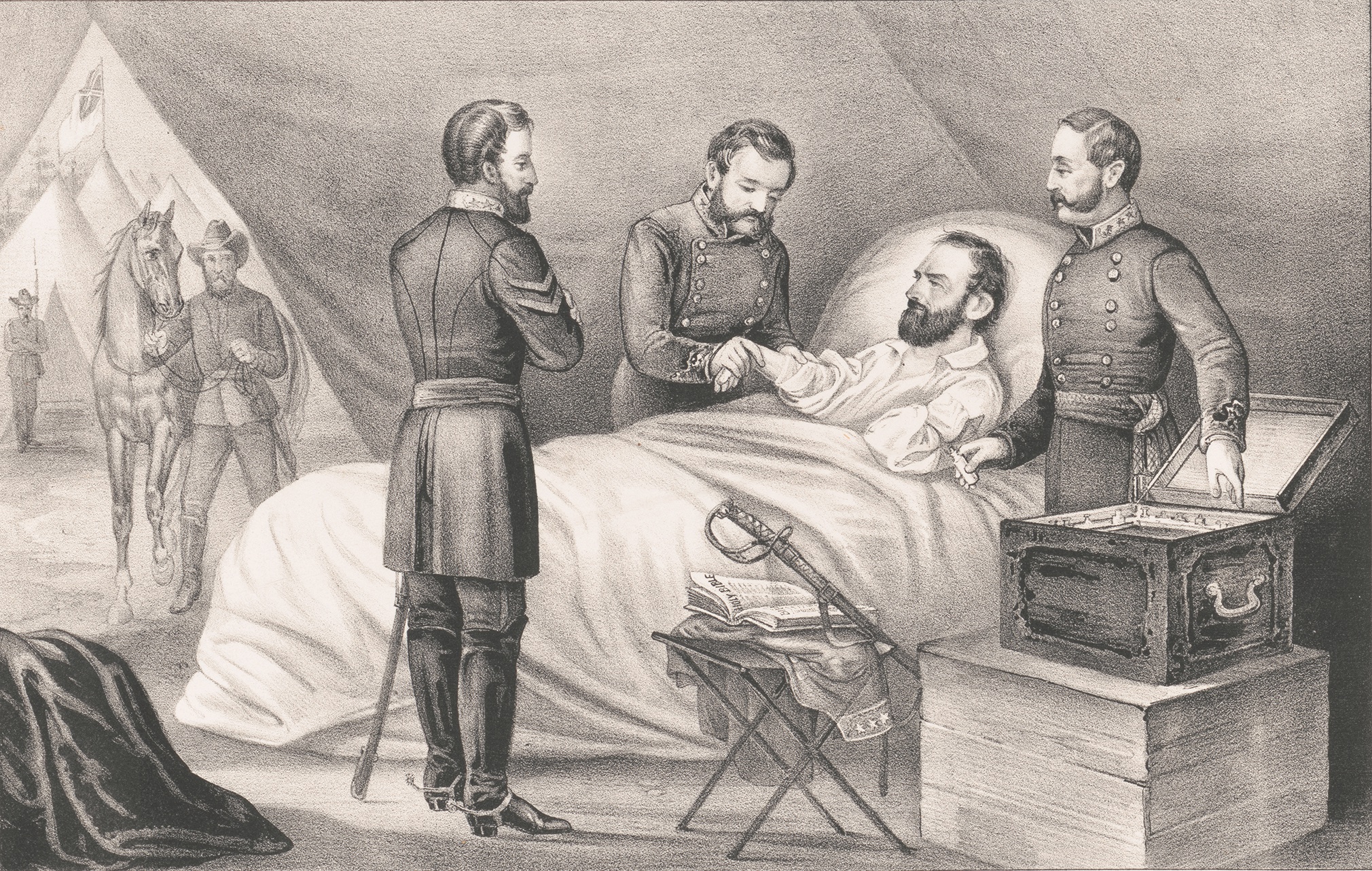 Doctors care for Stonewall Jackson at Guinea Station shortly after his left arm was amputated in May 1863. It is possible that Jackson was underdosed with anesthesia before the amputation. (Library of Congress)