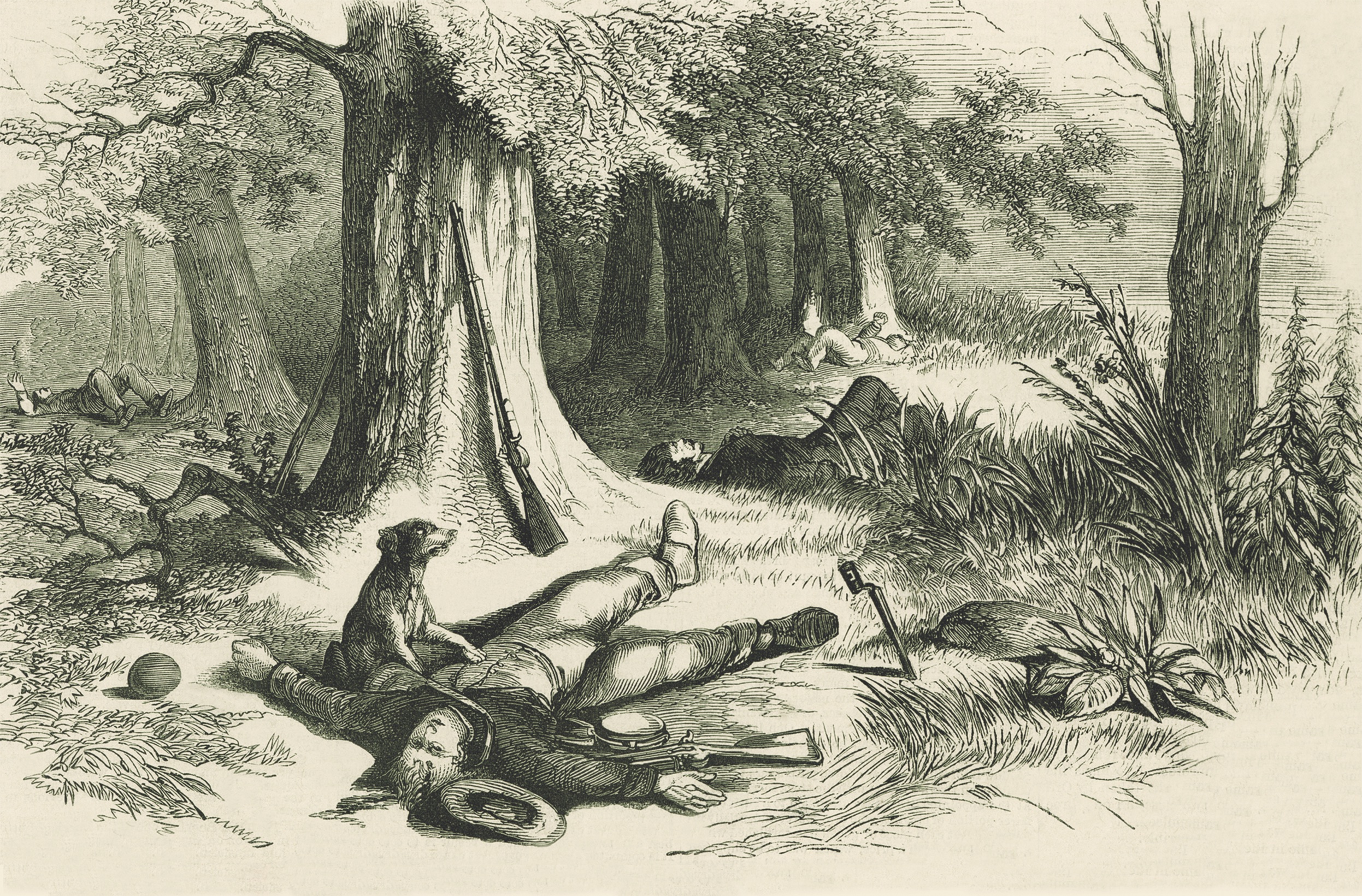 This sketch, which appeared in Frank Leslieâ€™s Illustrated Newspaper, portrays â€œA faithful dog watching and defending the body of his dead rebel master,â€ slain during Sheridanâ€™s 1864 Shenandoah Valley Campaign. (Frank Leslieâ€™s Illustrated Newspaper)