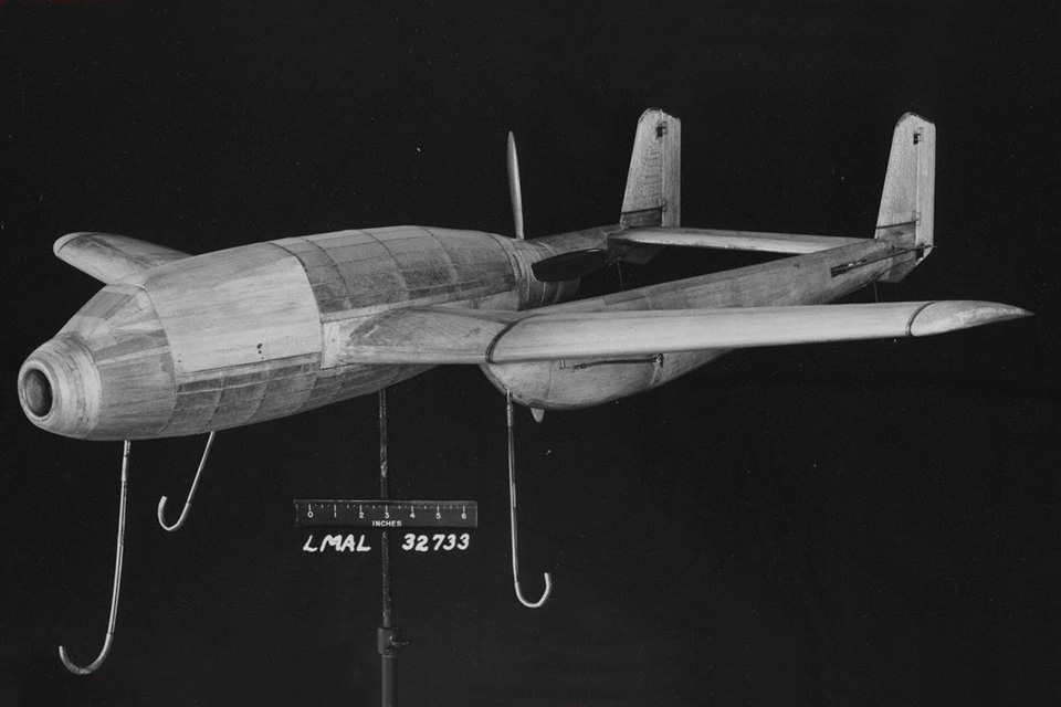 A wind tunnel model of the twin boom XP-52. (U.S. Air Force)