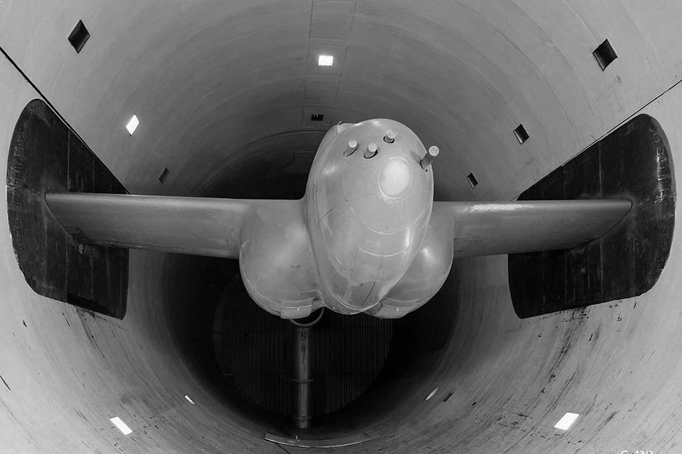 A mockup of the XP-59 in the wind tunnel at Wright Field. (NASA)