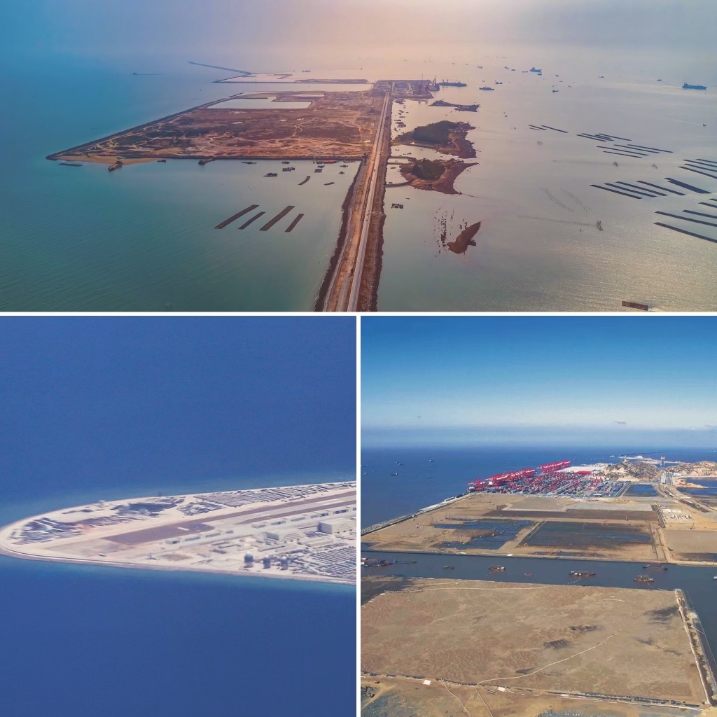 Clockwise from left: China’s controversial reclamation projects in the South China Sea include a manmade road and construction yard in the Gulf of Tonkin near Quinzhou, the Yangshan Deepwater Port for container ships in Hangzhou Bay south of Shanghai, and an artificial developmeant above the Subi Reef in the Spratly Islands. (Clockwise from left: Qin Ningzhen/Alamy Stock Photo; YHBEST1; Bullit Marquez/Associated Press)