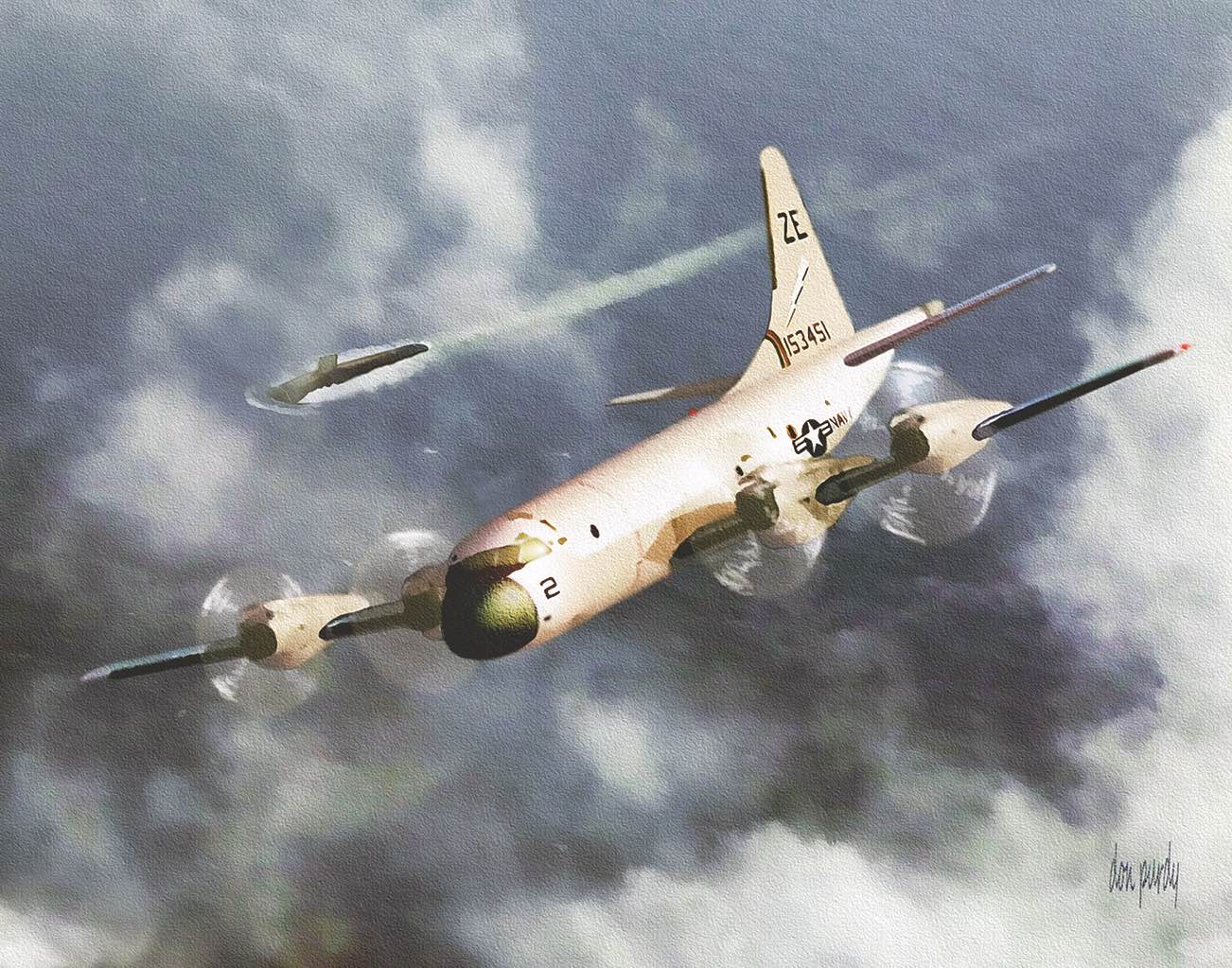 A P-3 Orion “sub chaser” aircraft flies above a submarine in a painting by Purdy titled “Gotcha!” / Courtesy Don Purdy