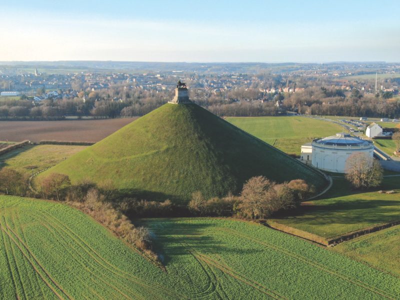Aerial view of The Lion's Mound with farm land around.