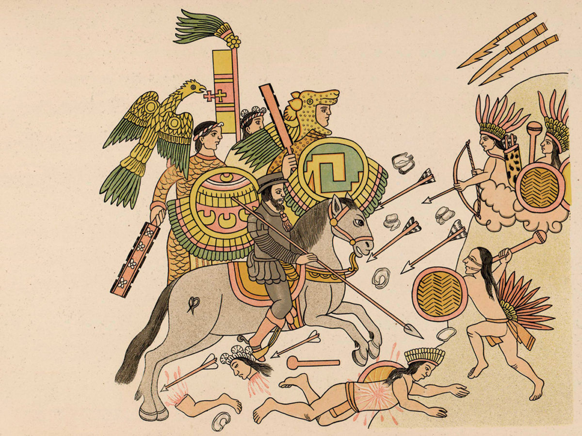 Based on a 1585 drawing by Diego Muñoz Camargo, this 1892 image depicts Hernán Cortés and his Tlaxcalan allies engaging Aztec warriors