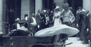 Austrian Archduke Franz Ferdinand and wife the Empress Sophie leave Sarajevo's City Hall on June 28, 1914, moments before their assassination