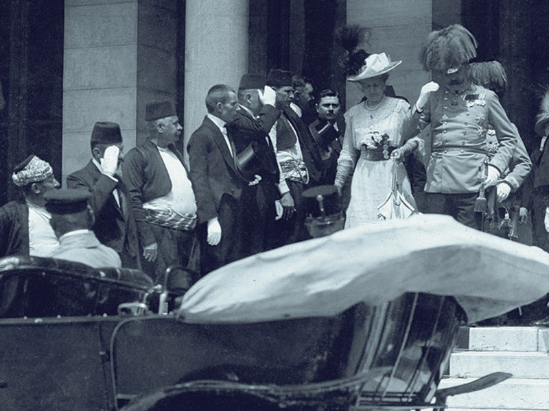 Austrian Archduke Franz Ferdinand and wife the Empress Sophie leave Sarajevo's City Hall on June 28, 1914, moments before their assassination