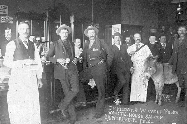 Burro photobombs patrons at White House saloon, Cripple Creek, Colo.