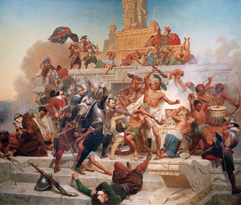 In 1848 Emmanuel Leutze rendered this painting of Cortés (at center in black) and his conquistadors battling Aztec warriors atop Tenochtitlán's main temple 