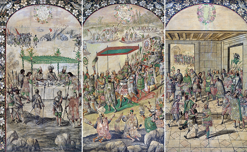 A 17th century triptych of panels rendered by colonial Mexican brothers Juan and Miguel González depicts stages in Cortés conquest of Mexico
