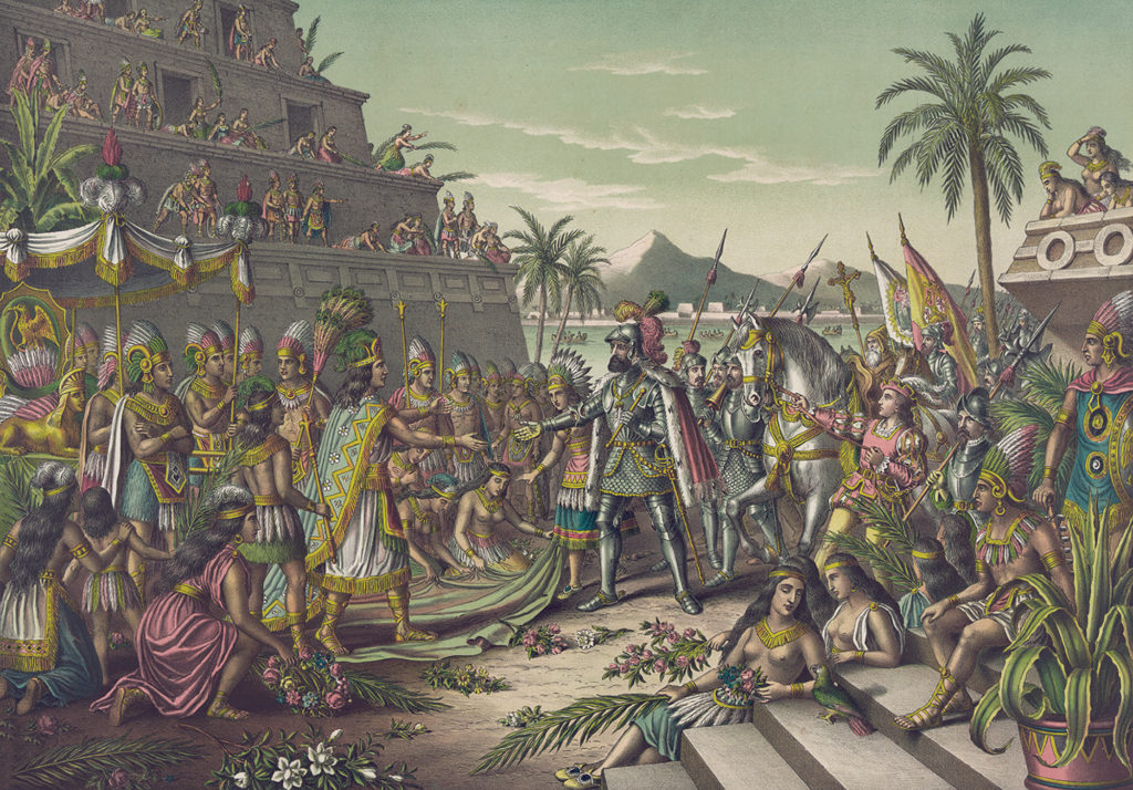 Montezuma and Aztecan envoys greet Cortés and his men on the Gulf Coast in April 1519