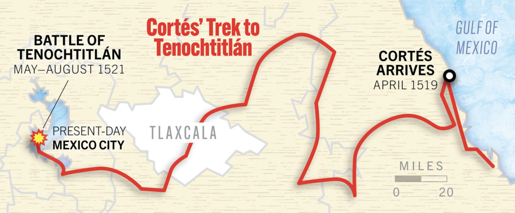 A map depicts the route Hernán Cortés took upon landing on Mexico's Gulf Coast in April 1519 to the Aztec capital at Tenochtitlán (present-day Mexico City)