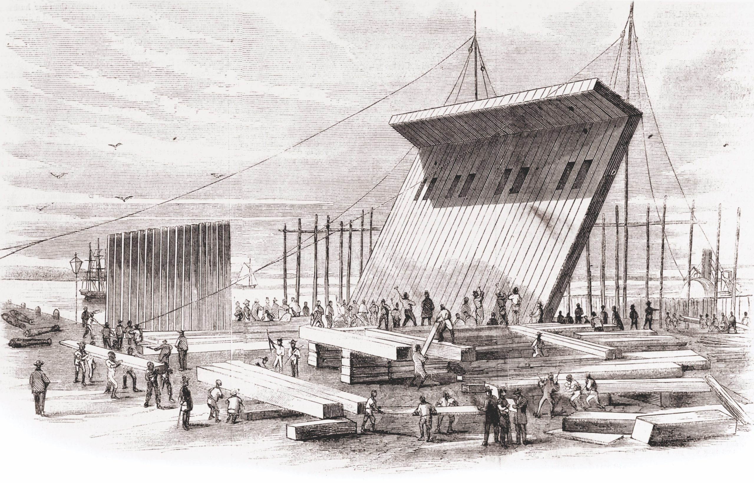 The substantial reliance on slave labor in the construction of the Floating Battery, commented on by Fort Sumterâ€™s Major Robert Anderson, is seen in this Frank Leslieâ€™s Illustrated Newspaper drawing. The group effort at Marshâ€™s Shipyard proved productive. Construction was completed in a few weeks. (Naval History and Heritage Command)