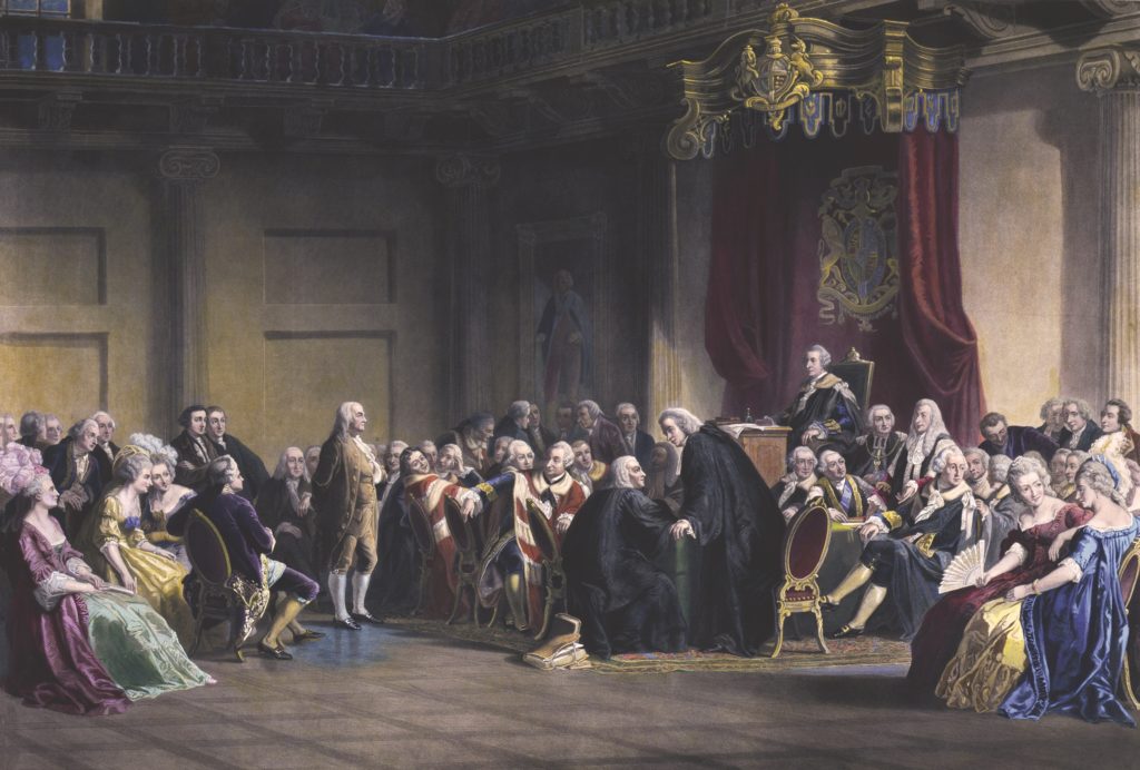 Benjamin Franklin standing before the Lords in Council.
