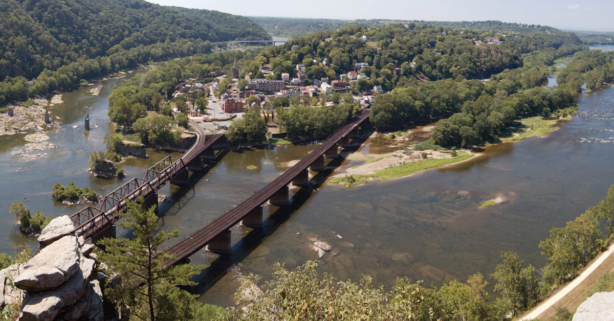 A present-day look at Harpers Ferry, West Virginia, from the Maryland Heights overlook