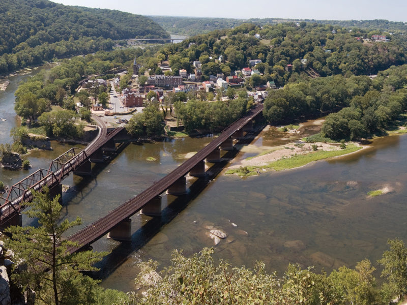 A present-day look at Harpers Ferry, West Virginia, from the Maryland Heights overlook