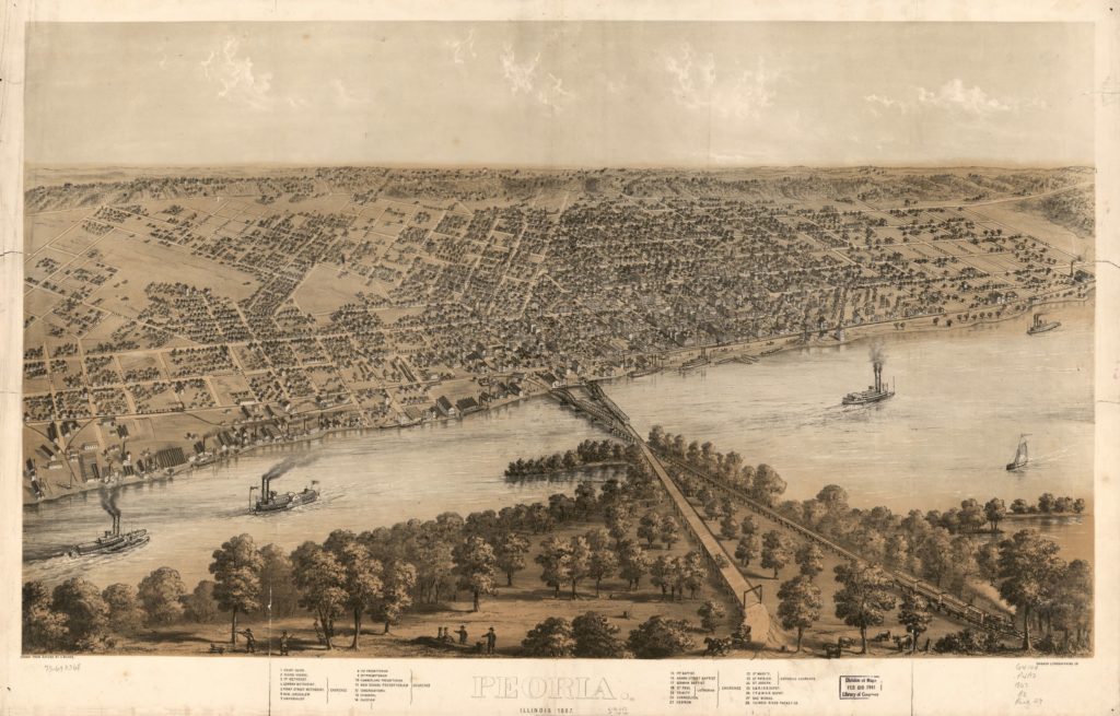 An 1867 bird's-eye-view map of Peoria, Illinois