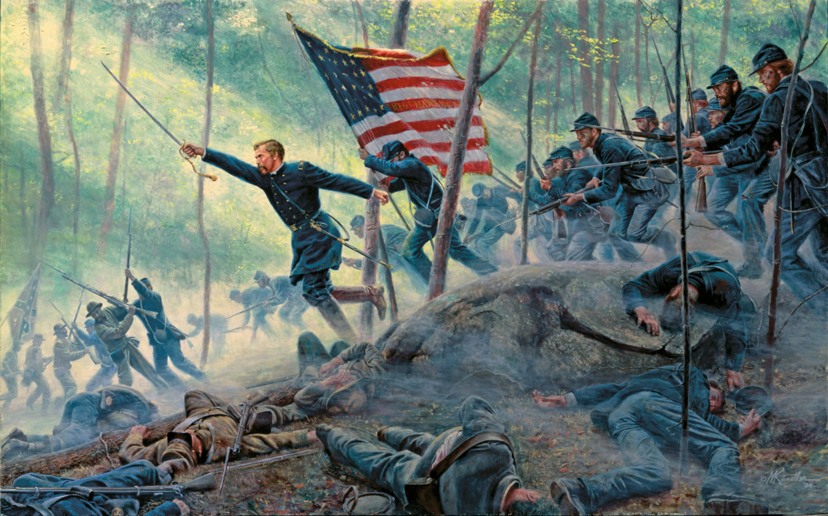 Joshua Chamberlain leads a bayonet charge at Little Round Top